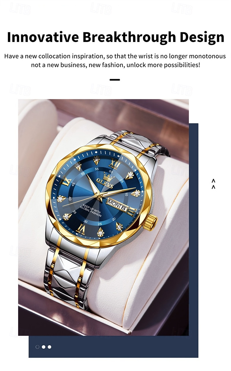 New Olevs Brand Men'S Luminous Commercial Business Steel Belt Watch Calendar Week Display Fashion Trend Waterproof Simple Leisure Quartz Watch Diamond-Shaped Mirror Sports Watch 2026 - $38.99 –P1