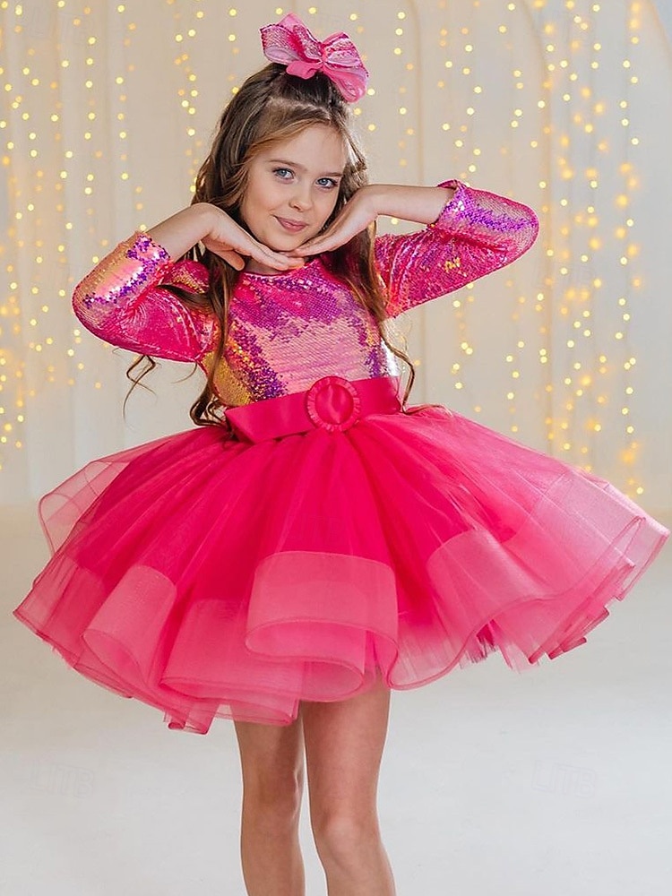 kinderkleidung Mädchen Party Kleid Feste Farbe Langarm Leistung Gitter Prinzessin Süß Gitter Mitte der Wade Etuikleid Tüll-Kleid Sommer Frühling Herbst Kinder Rosenrot 2025 - $80.99 –P3