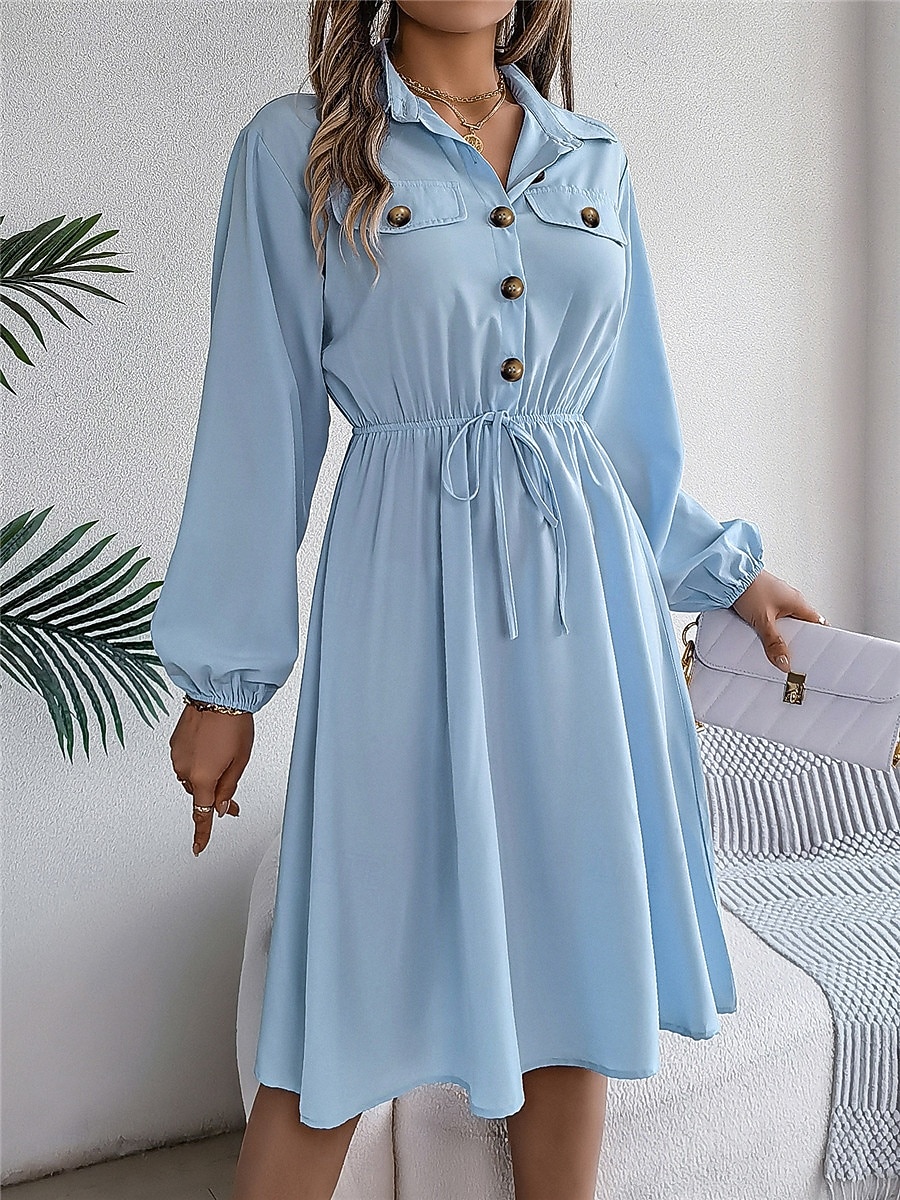 Damen Casual kleid Midikleid Knopf Brautkleider schlicht Hemdkragen Langarm Wein Blau Khaki Farbe 2025 - $31.99 –P5