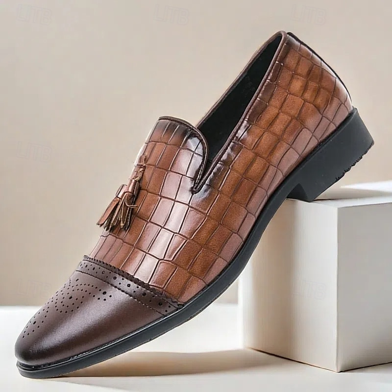 mocassini da uomo in similpelle con motivo coccodrillo marrone e dettaglio nappa – eleganti scarpe eleganti slip-on per occasioni formali e abbigliamento da ufficio del 2025 a $46.99 –P1