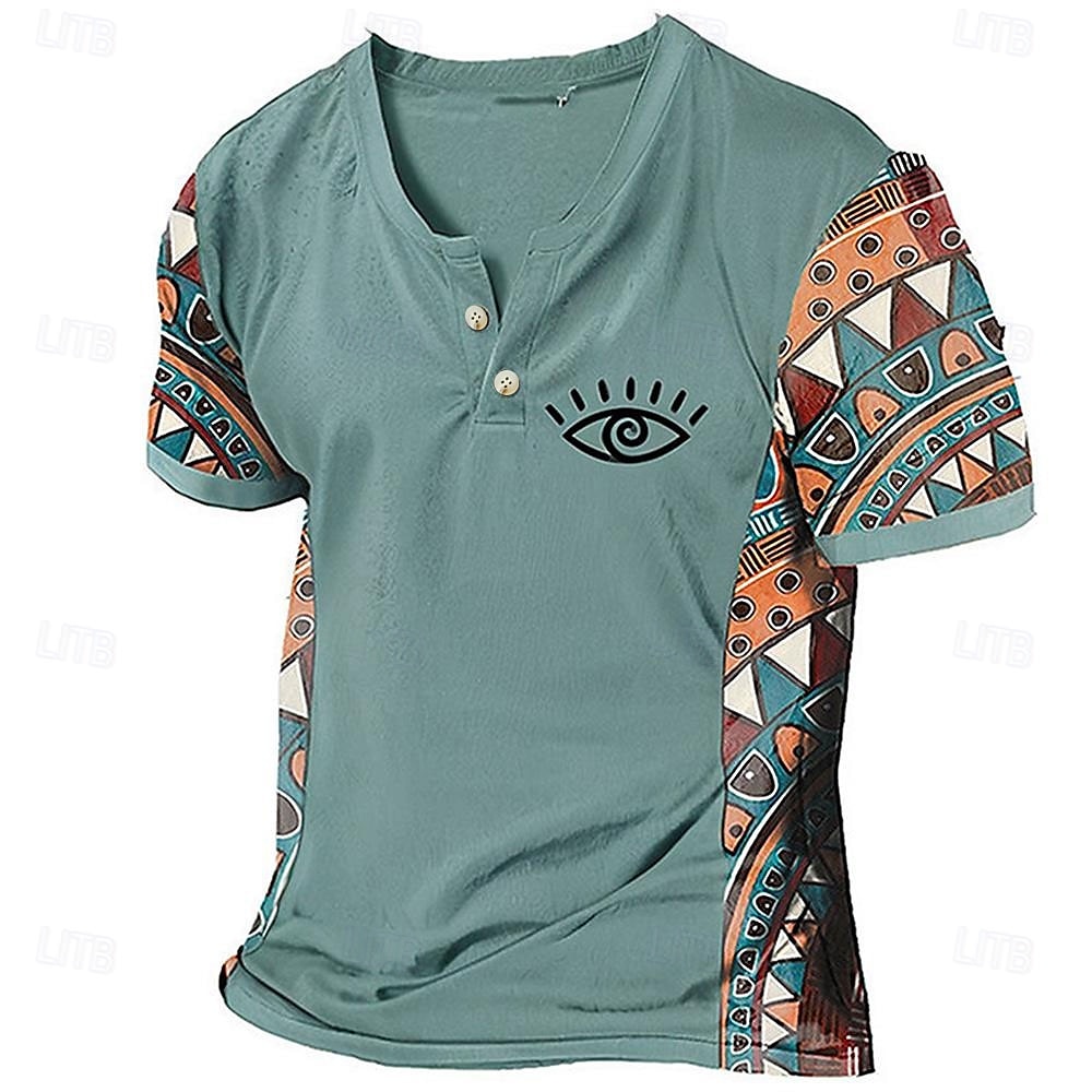 Herr Grafisk Färgblock Stam T-shirt Henleytröja Kortärmad 3d-utskrivning Designer Etnisk Klassisk Utomhus Semester Dagligen Vår & sommar Mörkbrun Blå Himmelsblå Brun Grön V-hals Henley T-shirt 2025 - $17.99 –P6