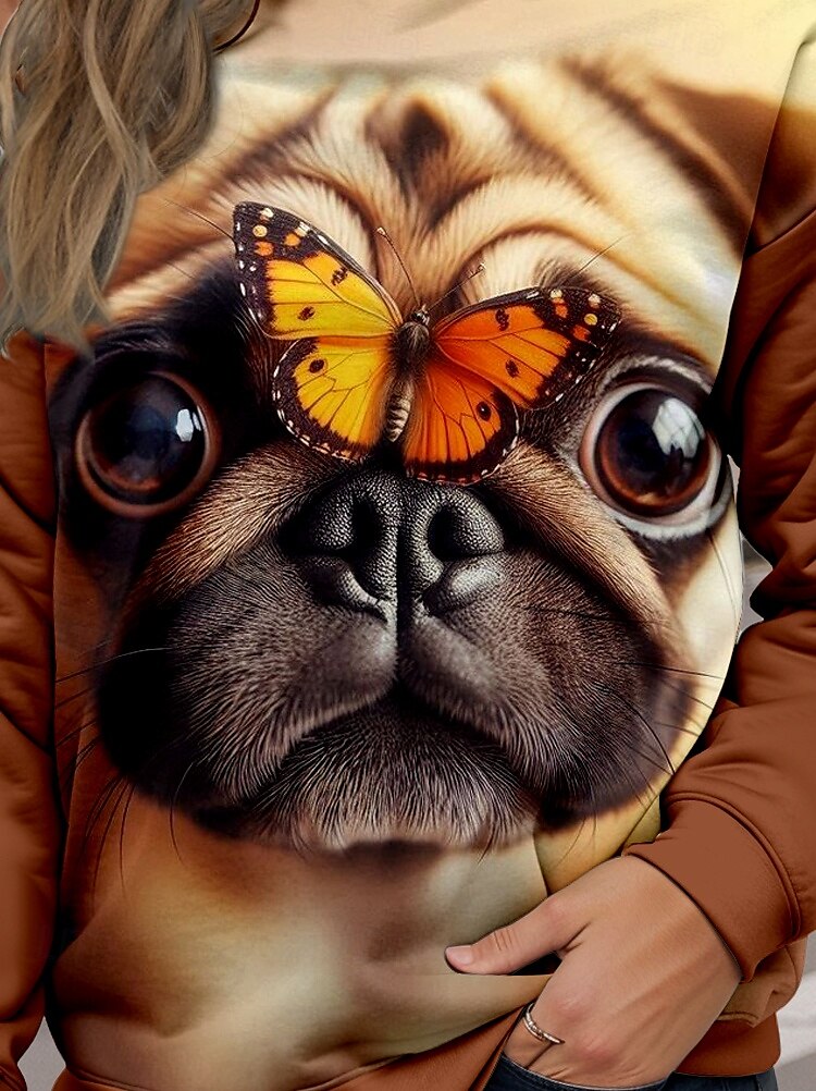Women's Sweatshirt Casual Dog Street Dailywear Crew Neck Print Long Sleeve Brown Fall Winter 2025 - $24.99 –P3