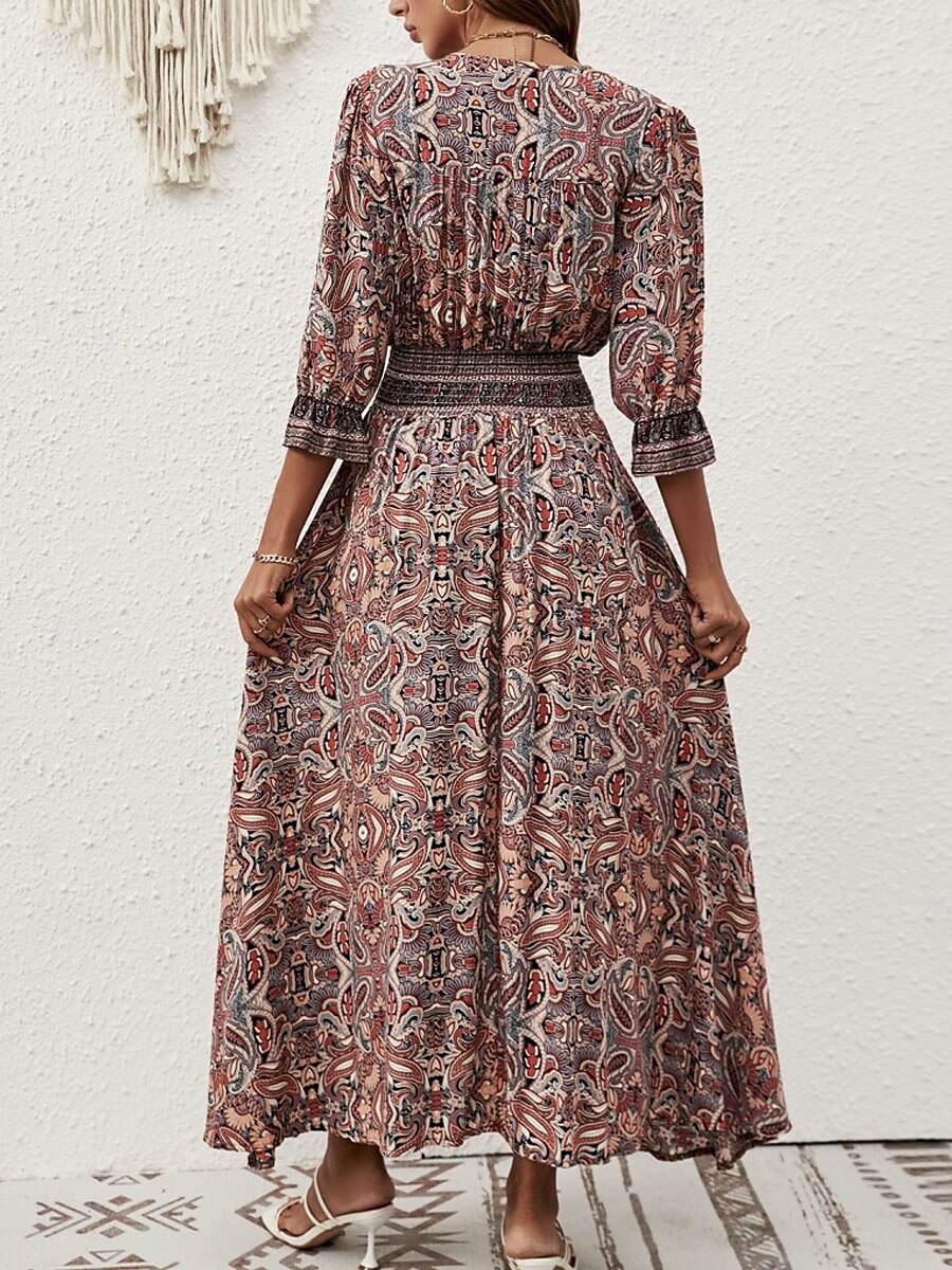 Femme Robe Maxi Robe casual Robe Évasée Robe Trapèze robe boheme Décontractées du quotidien Standard Floral Cachemire Demi Manches Col V Bleu Marron Eté Printemps Automne de 2025 ? $41.99 –P2