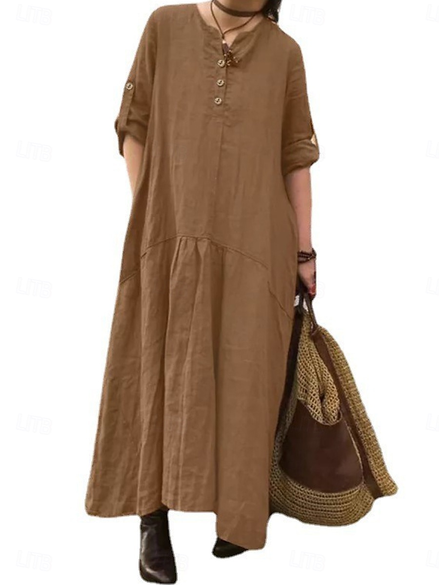 Dam ArmyGreen Marinblå Khaki grön Vår Höst Maxiklänning Linneinspirerade klänningar Elegant Mode Kontor Lös passning V-hals 2025 - $32.99 –P1