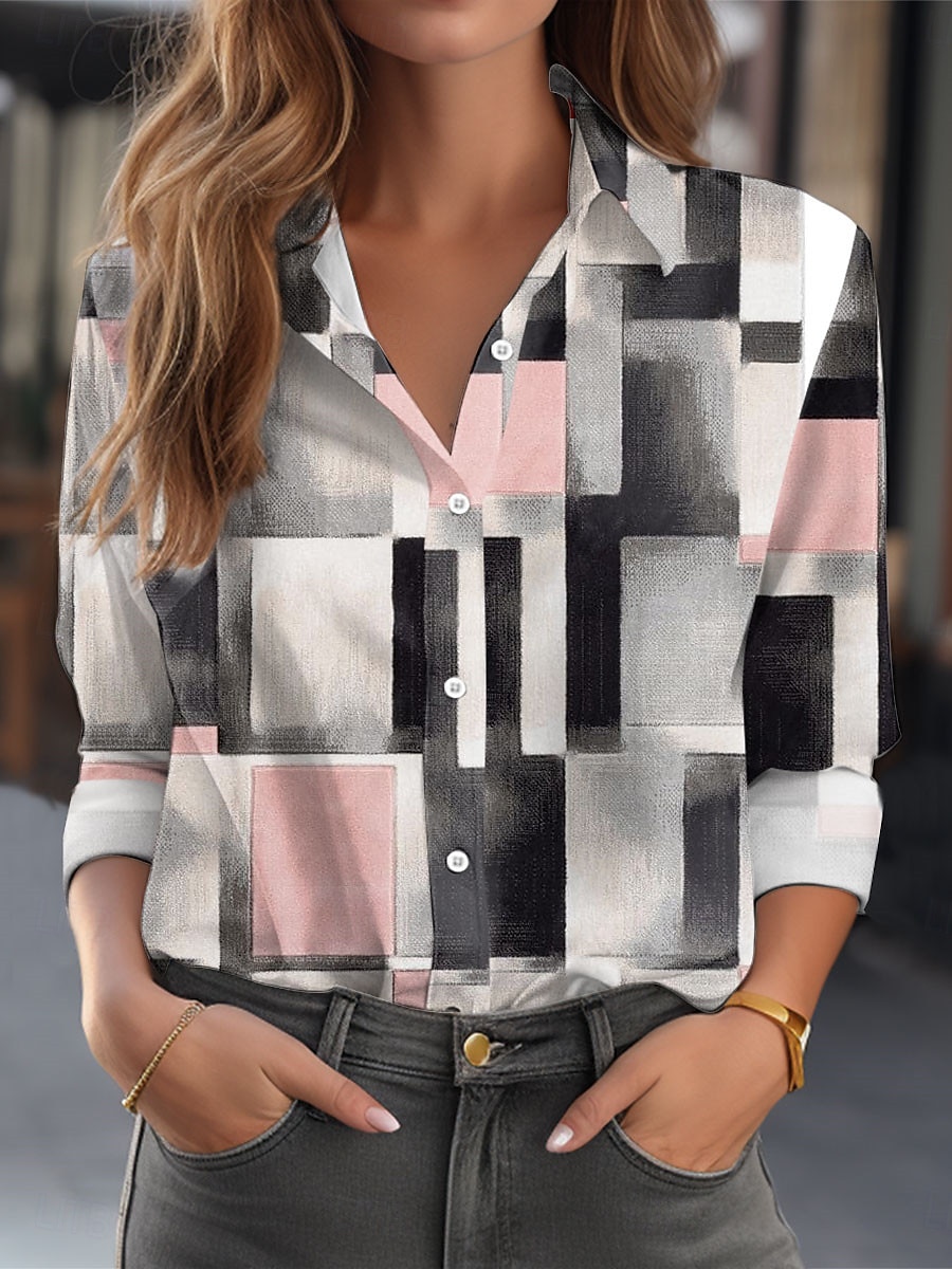 Dames Overhemd Ruitjes Casual Lange mouw Overhemdkraag Normale tops Werk Dagelijks Knop Afdrukken Grijs Lente Herfst Winter 2025 - $32.99 –P1