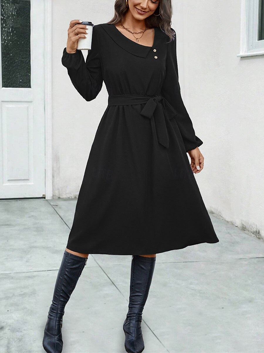 Women's Casual Dress Midi Dress Buttons Belted Casual V Neck Long Sleeve Black Color 2025 - $35.99 –P4