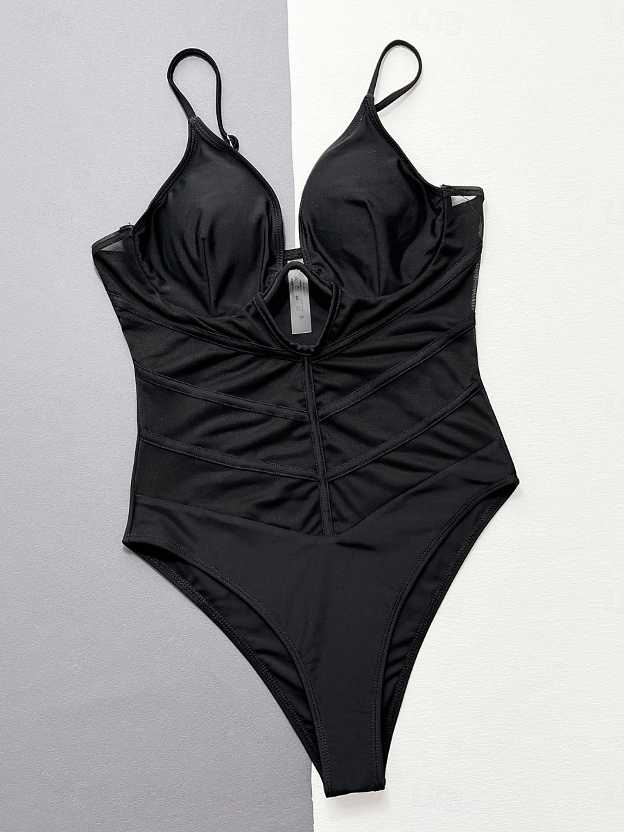 Dames Zwemkleding Een stukje Monokini Zwempak Netstof Blote rug Buikcontrole Hoge taille Slank Vakantie Strand Kleding Effen Kleur Halternek Mouwloos Badpakken 2025 - zł120.99 –P3