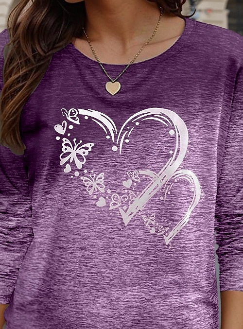Valentine Dame Hjerte T Skjorte Casual Vanlige topper Lang erme Crew Neck Print Vanlig passform Daglig Lilla Vår Høst 2025 - $22.99 –P3