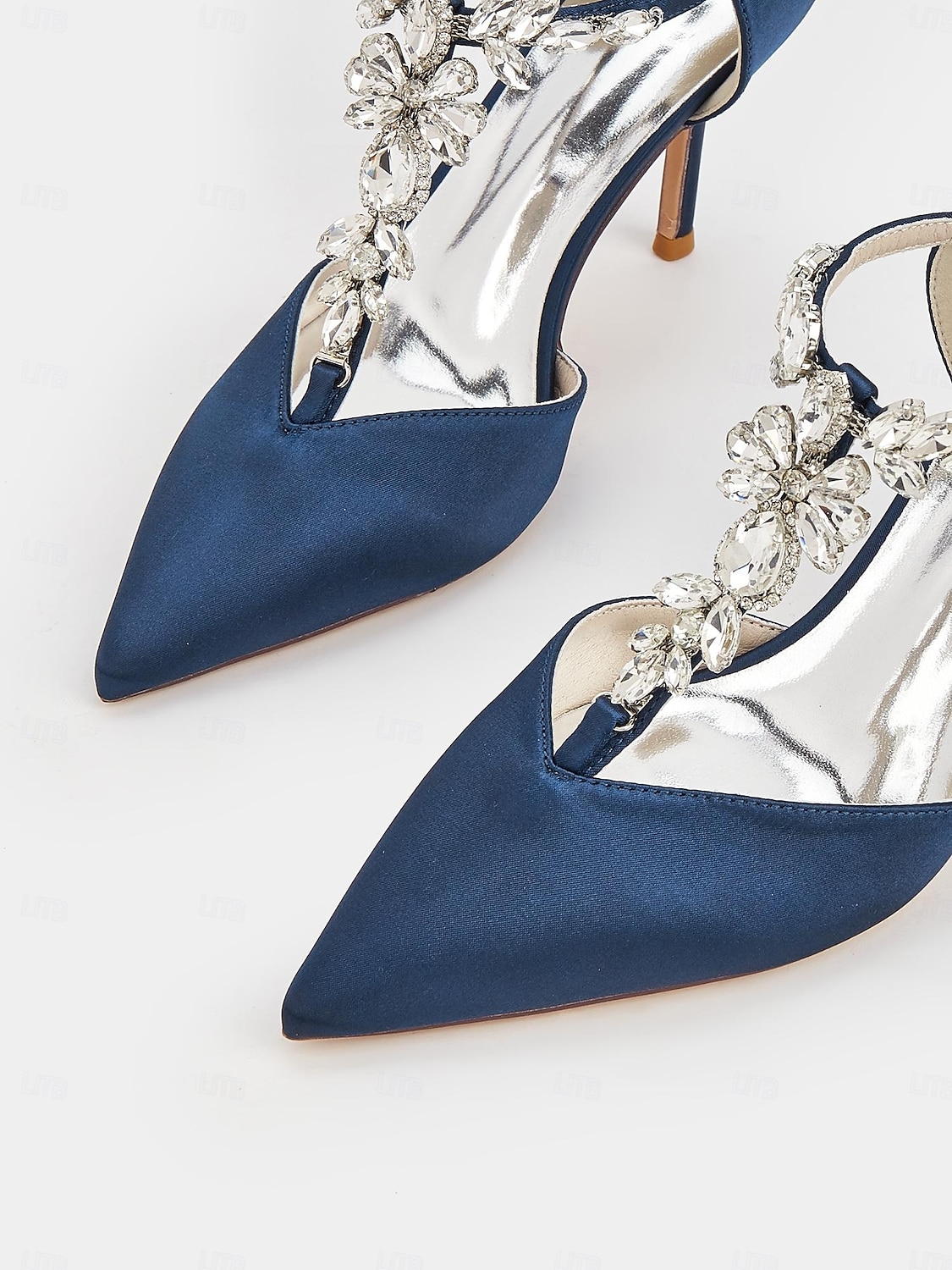 Escarpins à brides en satin bleu marine pour femmes – chaussures de cocktail à bout pointu avec ornements en cristal pour mariages et soirées de 2025 ? $64.99 –P5
