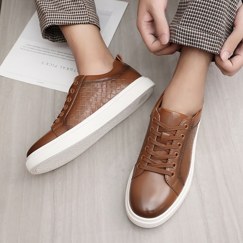 sneakers da uomo in similpelle intrecciata marrone - design casual con lacci e comoda suola bianca per l'uso quotidiano del 2025 a $46.99 –P1