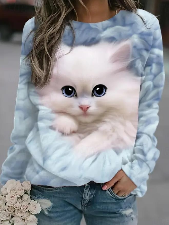 dámská mikina pulovr cat street casual sportovní basic kulatý výstřih dlouhý rukáv top mikroelastický pad &amp; zimní comfrt prodyšná měkká tkanina 2025 - $27.99 –P3