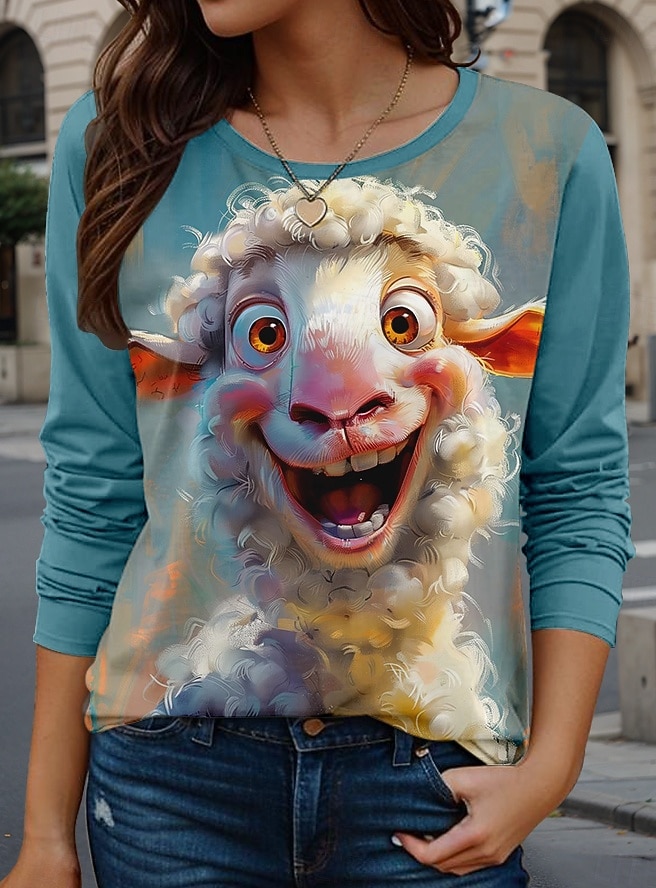 Koszulka T-shirt dla kobiet Okrągły dekolt Długie rękawy Tunika Zwierzęcy Casual Regularne góry Codzienny nadruk Niebieski Wiosna Jesień 2025 - $22.99 –P1