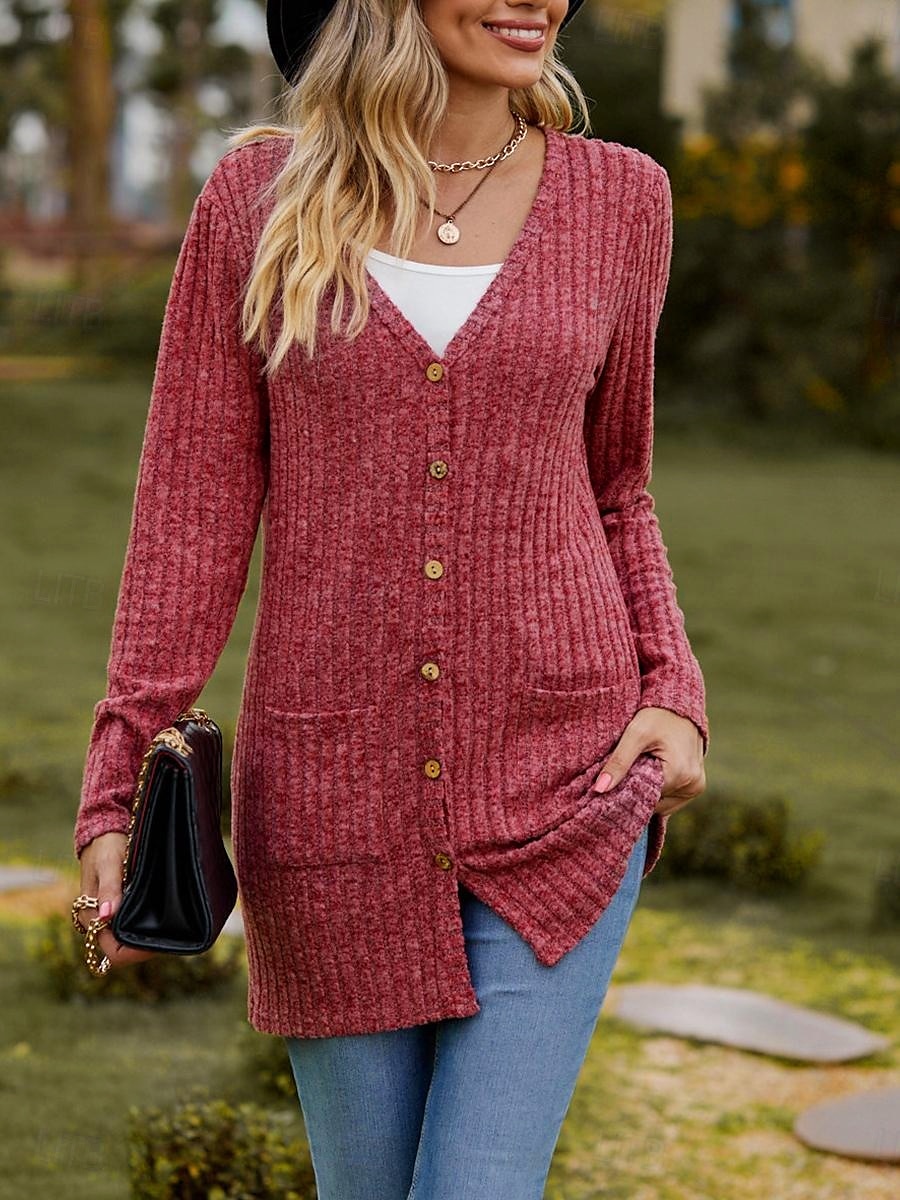 Damen Strukturjacke Strickjacke lässig einfarbig schlicht gerippt asymmetrisch V-Ausschnitt Tasche Knöpfe gedreht Langarm Normal Tops Strick Alltag Wein Armeegrün Frühling Herbst 2025 - $31.99 –P2