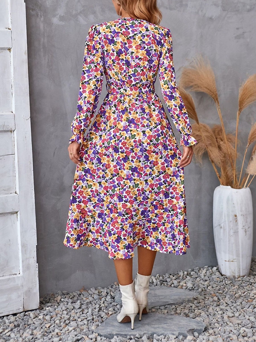 Femme Robe mi-longue Robe casual Robe Évasée Robe Portefeuille Robe Trapèze Décontractées du quotidien Standard Floral manche longue Col V Noir Violet Vert Eté Printemps Automne de 2025 ? $41.99 –P2