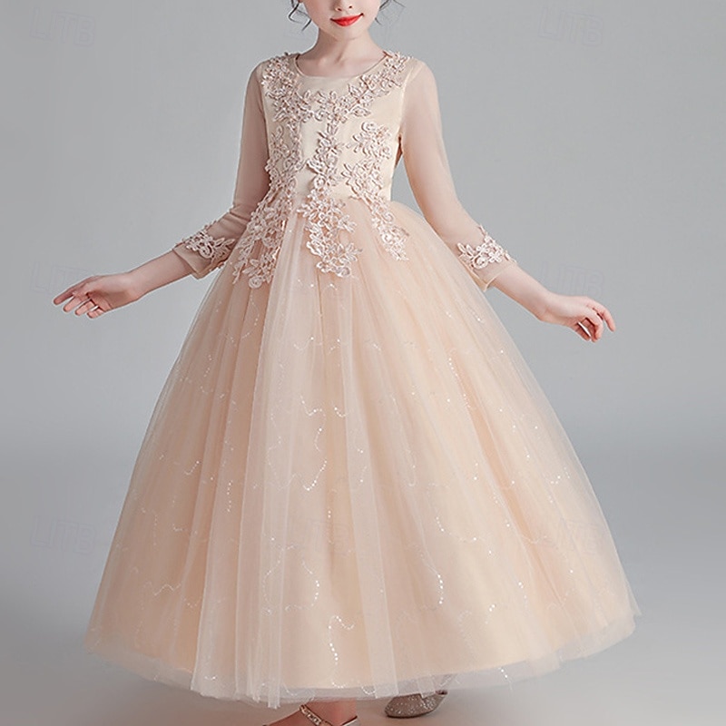 Blumenmädchenkleid Kinder Mädchen Prinzessinenkleid Leistung Hochzeit Party Elegant Schön Gitter Feste Farbe Langarm Rundhalsausschnitt Weinrot Weiß 4 Jahre + 2025 - $43.99 –P1