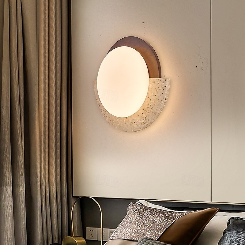 Wabi-sabi Yellow Limestone Wall lamp Milky White Glass Lampshade Natural Stone Wall lamp Indoor Retro Circular Marble Wall Lamp 110-240V 20W 2026 - $222.99 –P1