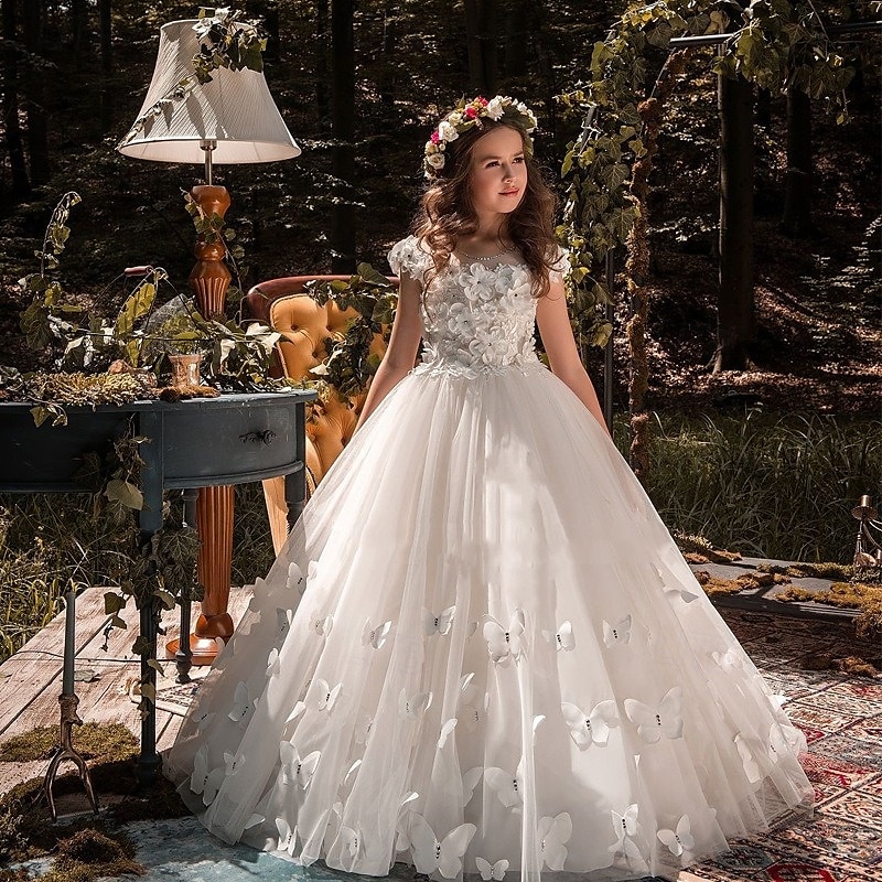 kinderkleidung Mädchen Blumenmädchen Kleid Kleid für die Erstkommunion Feste Farbe Ärmellos Langarm Leistung Hochzeit Party Gitter Prinzessin Süß Gitter Mitte der Wade Etuikleid Tüll-Kleid Sommer 2025 - $104.99 –P1