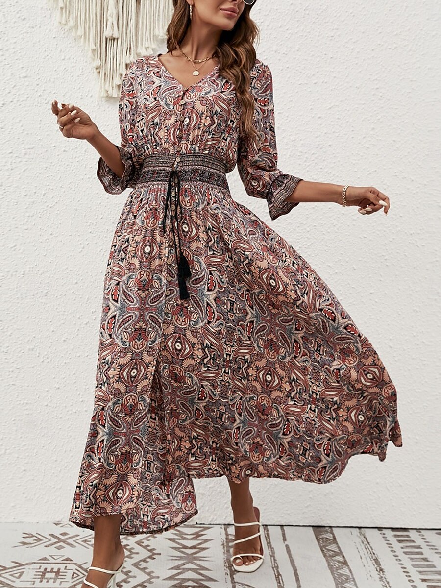 Femme Robe Maxi Robe casual Robe Évasée Robe Trapèze robe boheme Décontractées du quotidien Standard Floral Cachemire Demi Manches Col V Bleu Marron Eté Printemps Automne de 2025 ? $41.99 –P5