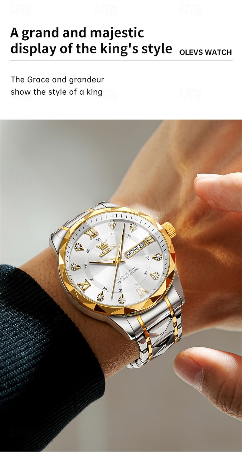 New Olevs Brand Men'S Luminous Commercial Business Steel Belt Watch Calendar Week Display Fashion Trend Waterproof Simple Leisure Quartz Watch Diamond-Shaped Mirror Sports Watch 2026 - $38.99 –P12