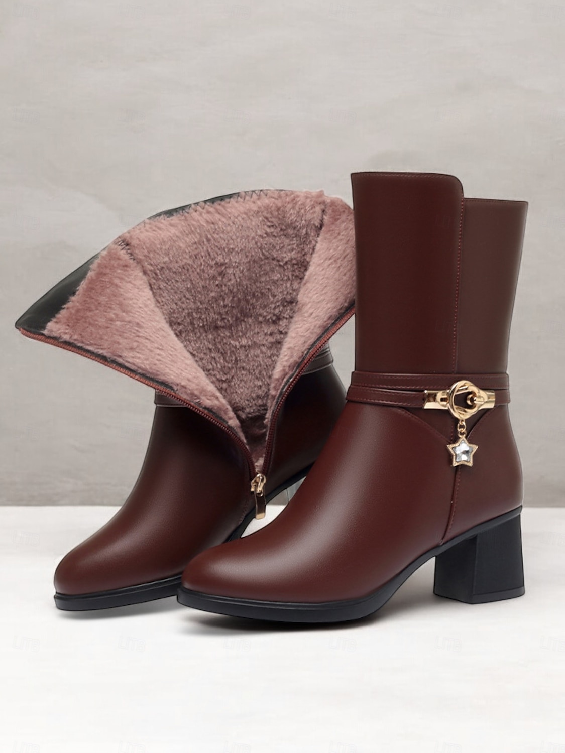 Schwarze Winterstiefeletten aus Kunstleder mit Fellfutter für Damen mit Blockabsatz und Sternenanhänger – elegantes und warmes Schuhwerk für kaltes Wetter 2025 - $54.99 –P2