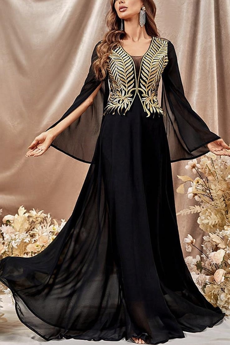 Abito da soirée a linea A elegante per matrimoni con strascico  strascico a spazzola maniche lunghe scollatura a V in chiffon con glitter del 2025 a $91.99 –P3
