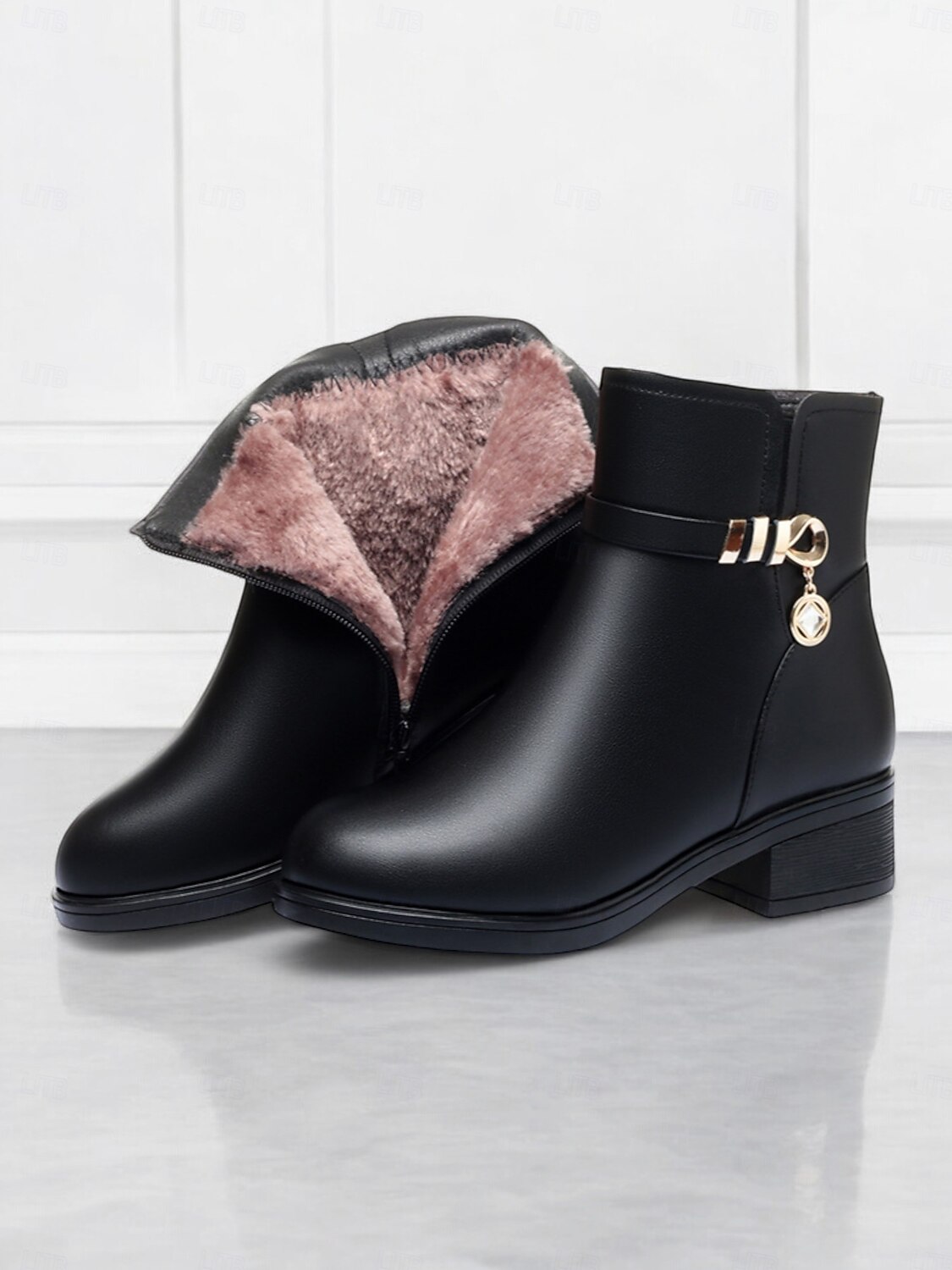 botins femininos pretos - couro sintético com forro de pelúcia, zíper lateral e salto bloco para moda de inverno e uso casual de 2025 por $42.99 –P9