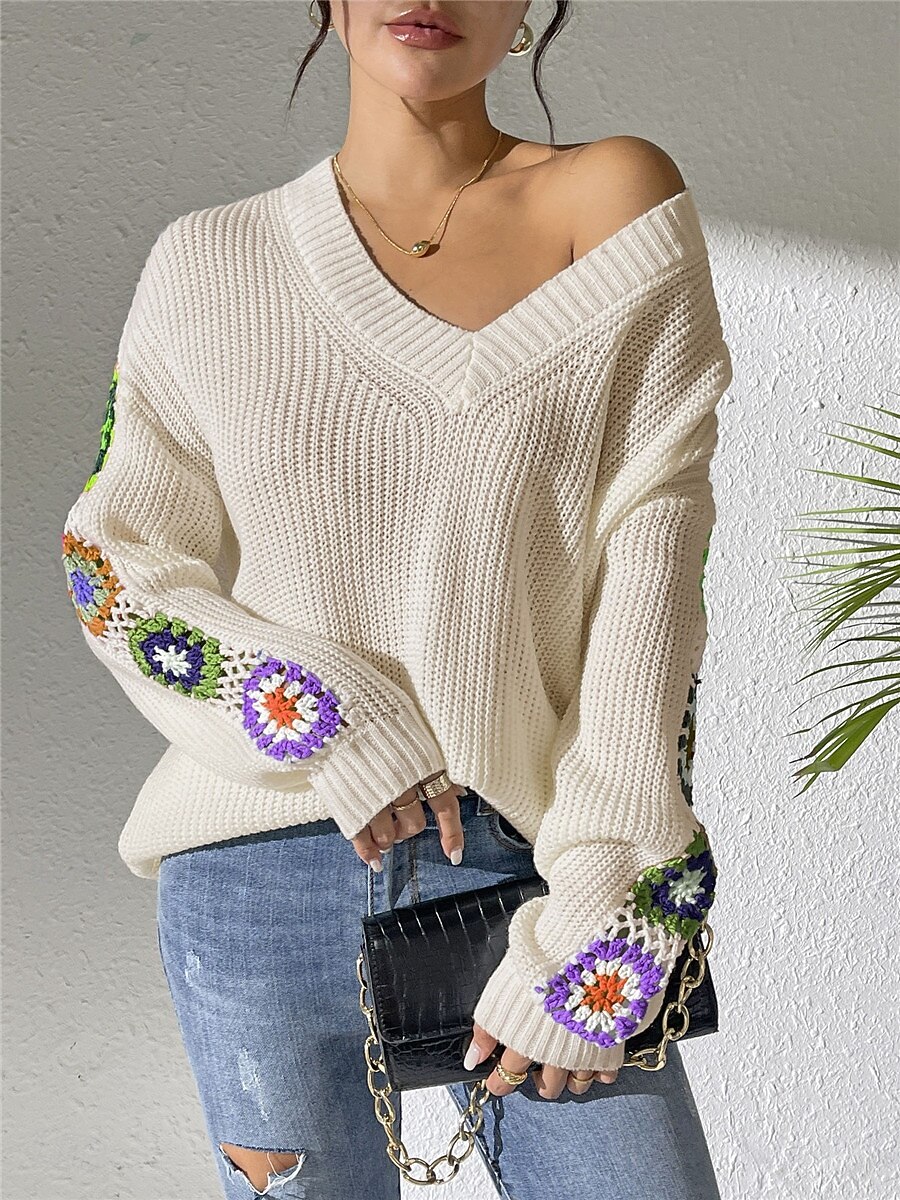 Per donna Felpa Informale Morbido Floreale Uncinetto A V Lavorato a maglia Manica lunga Top regolari Maglia Esterno Giornaliero Fine settimana Nero Bianco Autunno Inverno del 2025 a $31.99 –P11