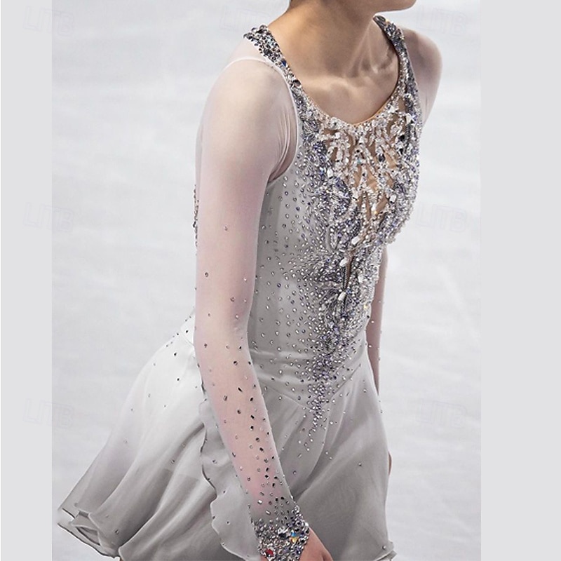 Figure Skating Dress Women's Girls' Ice Skating Dress White Patchwork Thumbhole Mesh Spandex Stretchy Training Practice Professional Skating Wear Thermal Warm Crystal / Rhinestone Long Sleeve Ice 2025 - $260.09 –P1