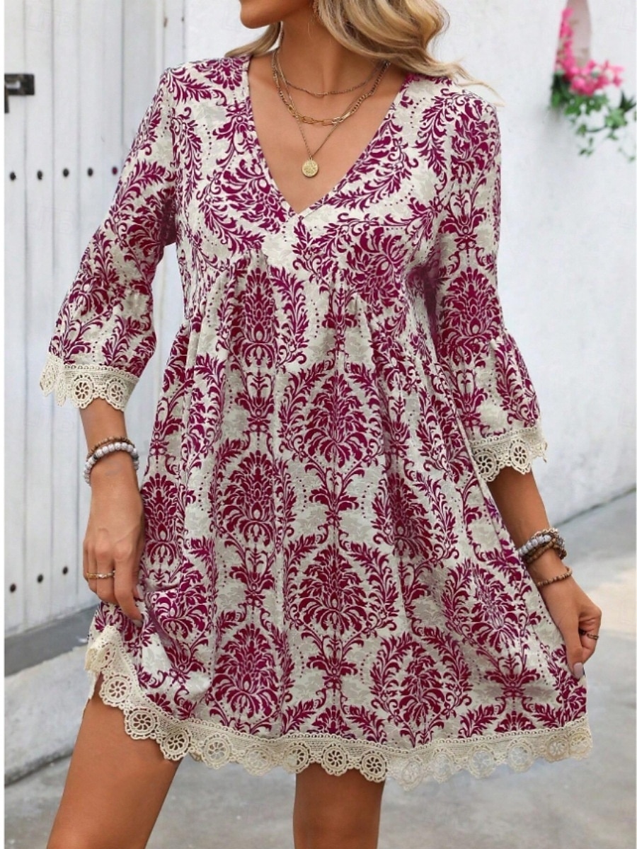 Damen Minikleid Casual kleid Boho-Kleid Brautkleider schlicht Täglich Regular Fit Blumen 3/4 Ärmel V Ausschnitt Wein Blau Grün Sommer Frühling Herbst 2025 - $35.99 –P11