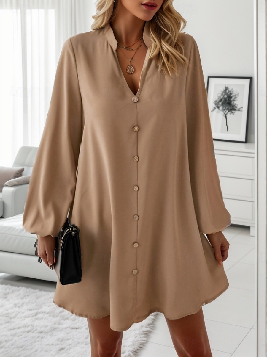 Naisten Rento mekko Mini mekko Napit Vapaa-aika V kaula-aukko Pitkähihainen Apila Khaki Väri 2025 - $41.99 –P1