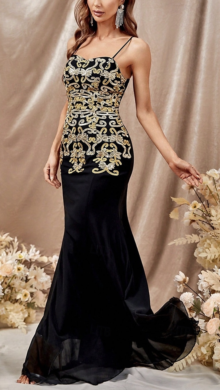 Meerjungfrau/Trompete Abendkleid elegantes Kleid Hochzeitsgast Sweep/Pinsel Schleppe ärmellos V-Ausschnitt Chiffon Satin mit Glitzer 2025 2025 - $117.99 –P1