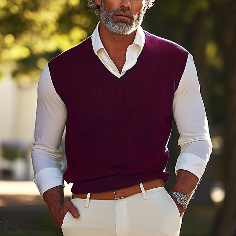 Муж. Свитер жилет Платье-свитер Шерстяной свитер Пуловер Свитер Вязать Трикотаж Сплошной цвет V-образный вырез Стиль Старинный Снова в школу! Одежда Весна Осень Винный Черный S M L 2026 - $26.99 –P1