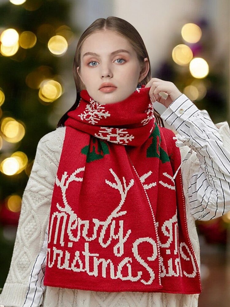 Sciarpa Natalizia Elchhorn – Lavorata A Maglia Con Motivo Renne E Fiocchi Di Neve | Reversibile Rosso/Borgogna | Tessuto Morbido Tipo Cashmere | Taglia Unica