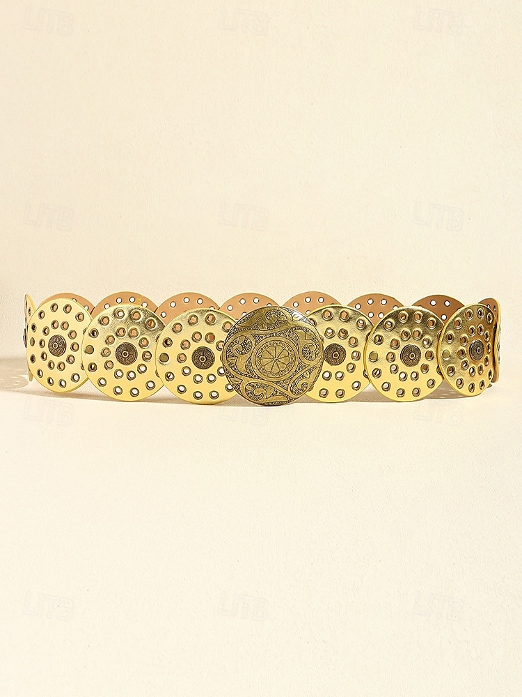 Women's Brown Faux Leather Belt with Perforated Circles and Intricate Metal Buckle - Bohemian Chic Fashion Accessory 2025 - $18.99 –P14