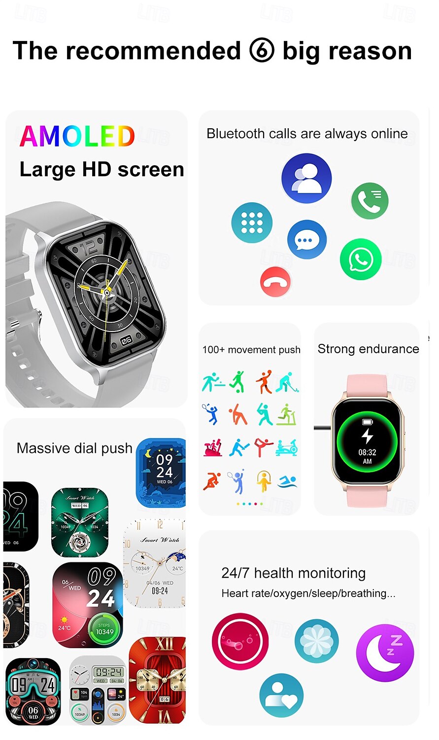 2025年 696 HK26 スマートウォッチ 2.04 インチ スマートブレスレット ブルートゥース 歩数計 着信通知 睡眠サイクル計測器 と互換性があります Android iOS 女性 ハンドフリーコール メッセージ受信通知 カメラコントロール IPX-0 40mmの時計ケース  コレクション – $49.99 –P2