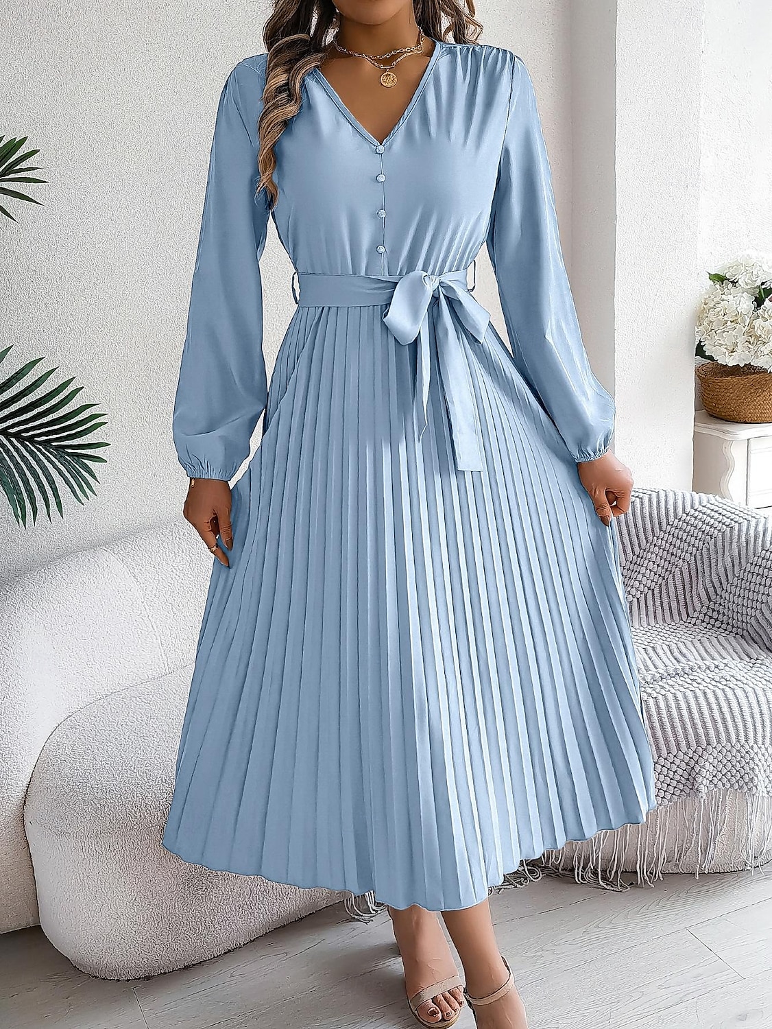 Women's Vintage Dress Mini Dress Pleated High Waist Elegant Formal V Neck Long Sleeve Blue Green Khaki Color 2025 - $41.99 –P6