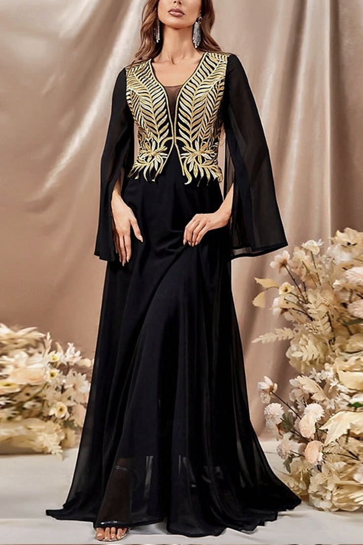 Abito da soirée a linea A elegante per matrimoni con strascico  strascico a spazzola maniche lunghe scollatura a V in chiffon con glitter del 2025 a $91.99 –P1