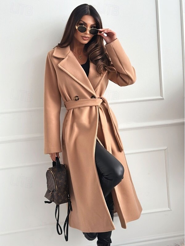 Women's Coat Warm Comfortable Buttons With Belt Elegant Solid Color Casual Daily Double Breasted Lapel Regular Fit Long Sleeve Outerwear Black White Wine Winter 2025 - $50.99 –P5