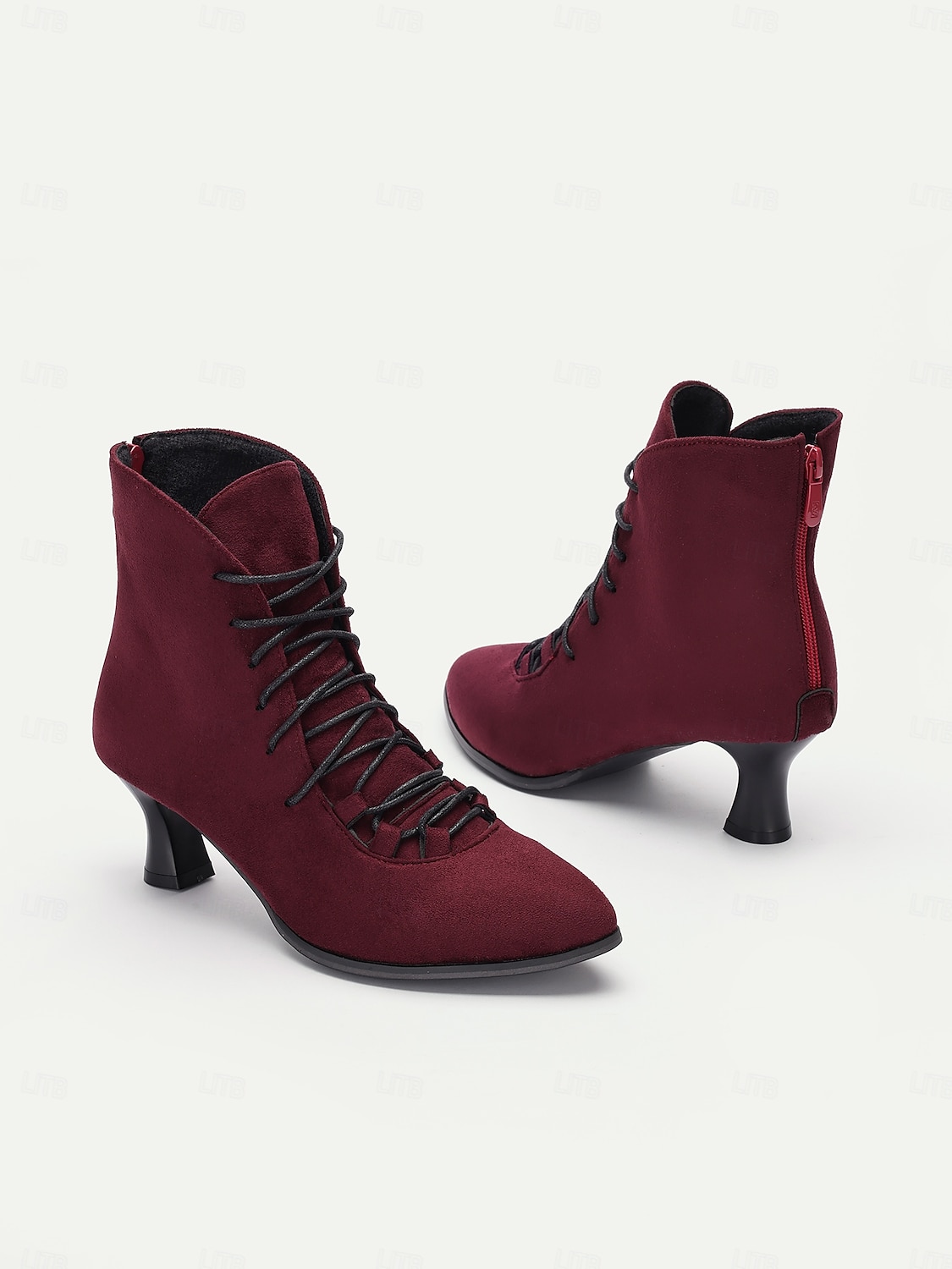 Women's Burgundy Lace-Up Victorian Ankle Boots – Elegant Suede Heeled Footwear for Formal Occasions and Vintage Style 2025 - $46.99 –P1
