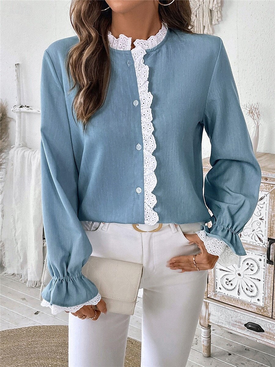 Damen Hemd Bluse Feste Farbe Basic Brautkleider schlicht Langarm V Ausschnitt Normale Oberteile Täglich Spitze Patchwork Knopf Blau Herbst Winter 2025 - $34.99 –P6