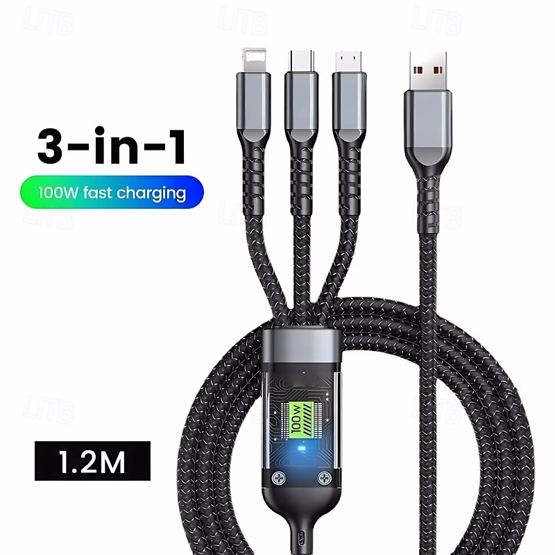 3-in-1 100 watin pikalatauskaapeli älykäs supernopea lataustuki moniliitäntäinen lataus usb visuaalinen virtalatauskaapeli yhteensopiva Applen samsung oppo auton pikalatauskaapelin kanssa 2025 - €10.99 –P6