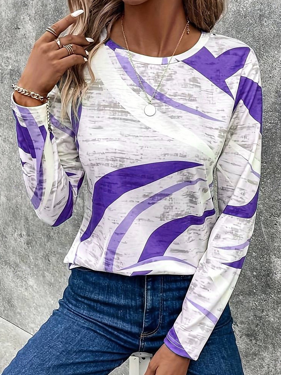 Women's T Shirt Casual Print Long Sleeve Regular Tops Crew Neck Daily Blue Purple Khaki Spring Fall 2025 - $23.99 –P7