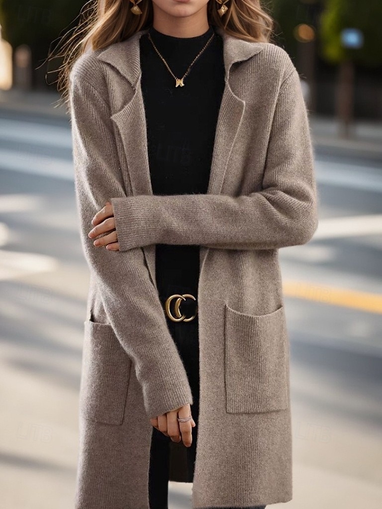 Women's Sweater Cardigan Sweater Jacket Shirt Collar Knit Pocket Knitted Spring Fall Home Daily Weekend Elegant Daily Casual Long Sleeve Pure Color Black Camel 2025 - $56.99 –P3