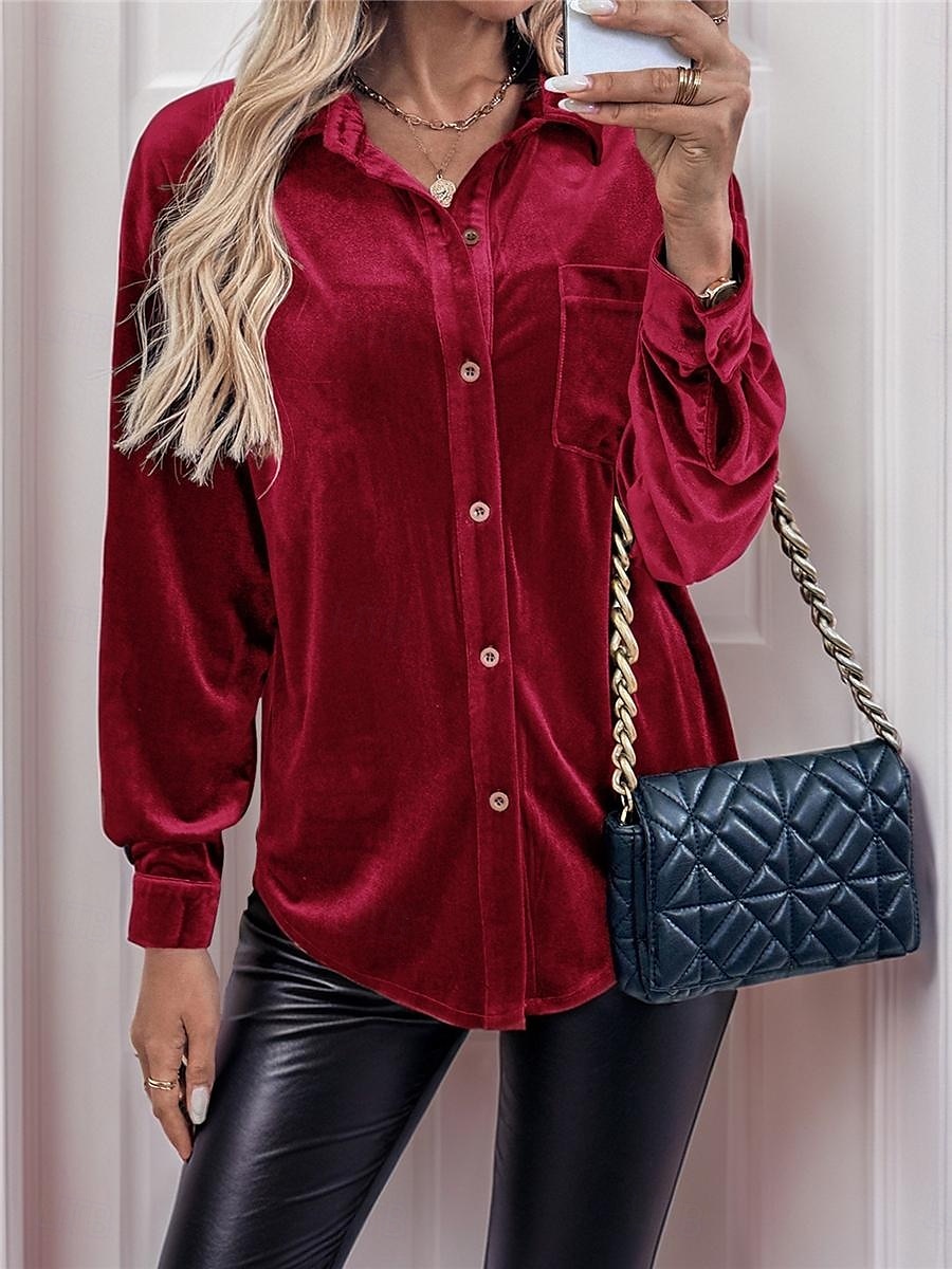 Dames Overhemd Blouse Effen Kleur Basic Casual Lange mouw V-hals Normale tops Dagelijks Lapwerk Knop Zak Wijn Bruin Groen Herfst Winter 2025 - $36.99 –P1