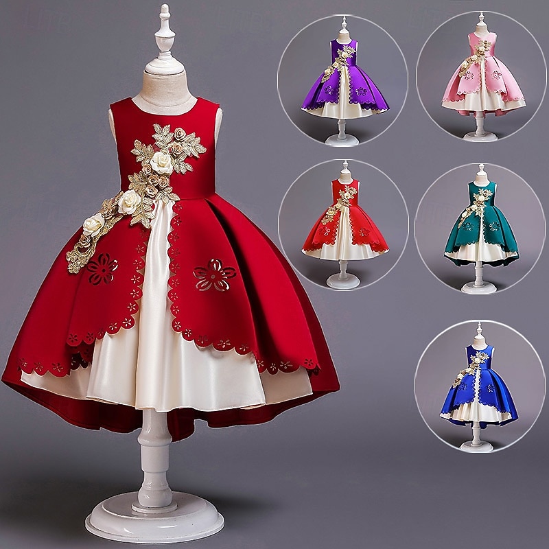 Blumenmädchenkleid Kinder Mädchen Prinzessinenkleid Leistung Hochzeit Party Elegant Schön Patchwork Blumen Ärmellos Rundhalsausschnitt Weinrot Rosa 4 Jahre + 2025 - $30.99 –P1