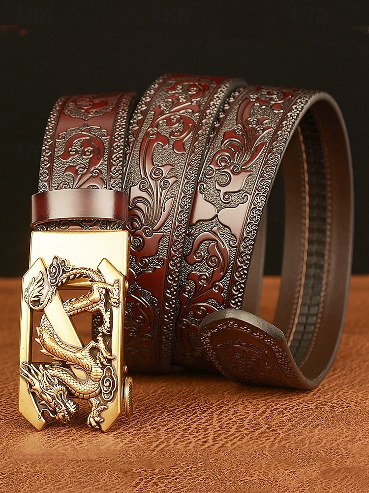حزام جلدي بني للرجال بتصميم تنين منقوش وإبزيم ذهبي - طراز عتيق، مثالي للارتداء الرسمي وغير الرسمي 2026 - $26.99 –P2