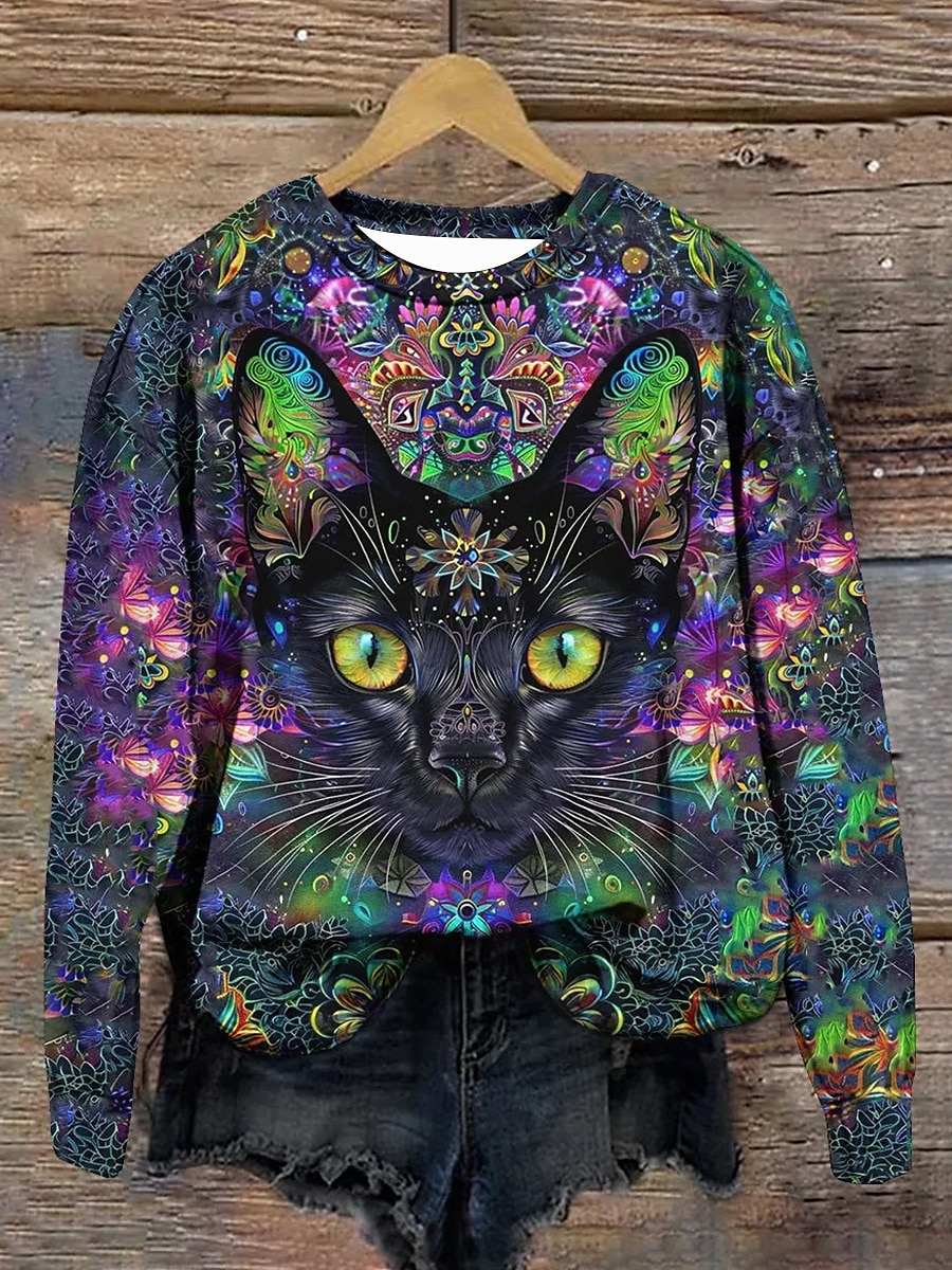 pull femme décontracté chat vêtements de tous les jours décontracté col rond imprimé manches longues violet automne hiver de 2025 ? $24.99 –P1