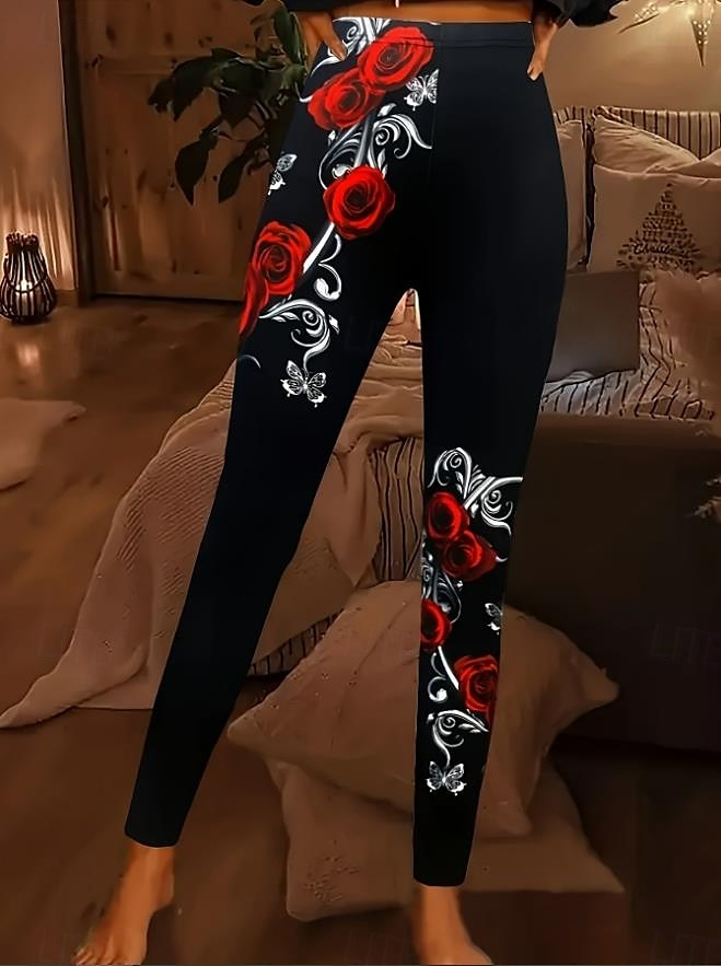 Leggings Femininas Calças de Moda Estilo de Rua Comprimento Total Cintura Alta Estampas de Rosas Térmicas Quentes Respirável Macio Microelástico Para o Dia a Dia Preto Outono Inverno Ajuste Regular de 2025 por $18.99 –P2
