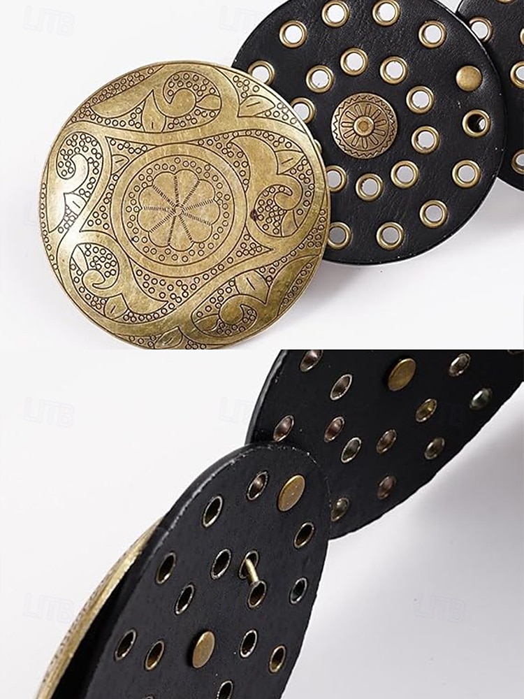 Women's Brown Faux Leather Belt with Perforated Circles and Intricate Metal Buckle - Bohemian Chic Fashion Accessory 2025 - $18.99 –P8