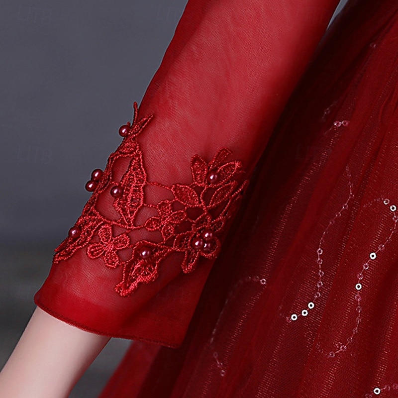 Blumenmädchenkleid Kinder Mädchen Prinzessinenkleid Leistung Hochzeit Party Elegant Schön Gitter Feste Farbe Langarm Rundhalsausschnitt Weinrot Weiß 4 Jahre + 2025 - $43.99 –P14